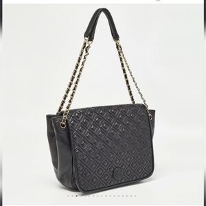 Tory Burch Marion Quilted Flap Cross Body Bag in black with dustbag